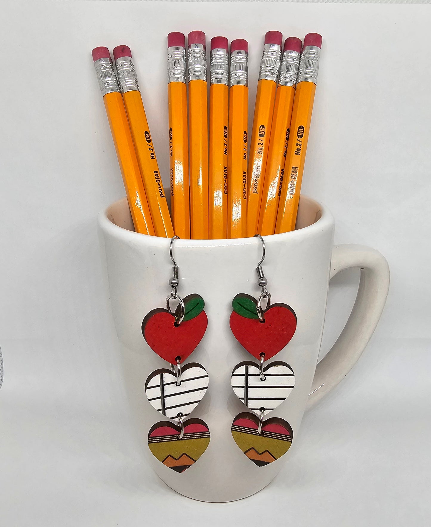 Teacher Heart Earrings | Back to School | Dangle Earrings | Wooden | Apple, Notebook Paper, and Pencil