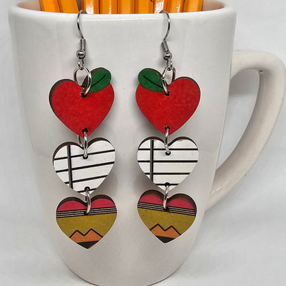 Teacher Heart Earrings | Back to School | Dangle Earrings | Wooden | Apple, Notebook Paper, and Pencil