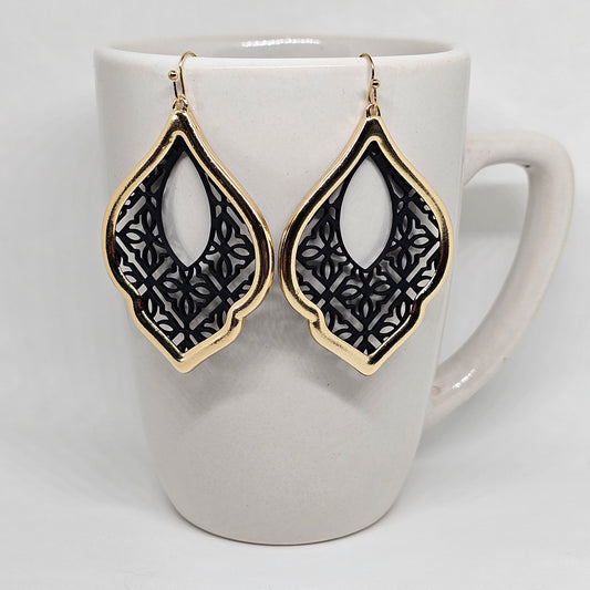 Black and Gold Teardrop Filigree Dangle Earring | Dangle Earrings | Acrylic | Metal