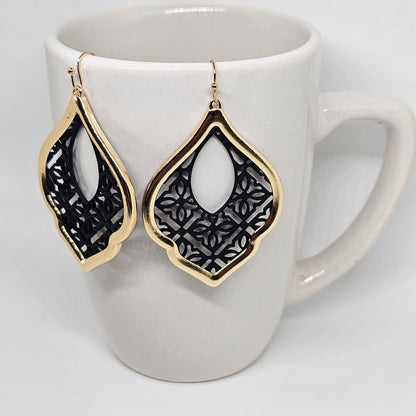 Black and Gold Teardrop Filigree Dangle Earring | Dangle Earrings | Acrylic | Metal