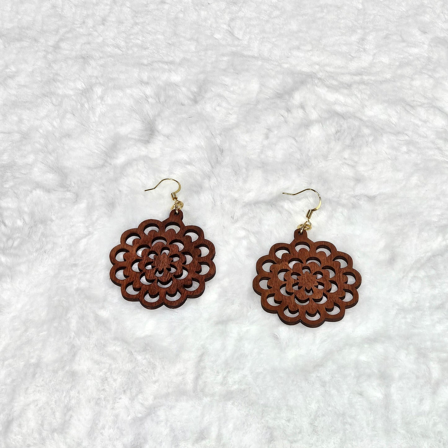 Handcrafted Lightweight Brown Wood Flower Shaped Drop Earrings