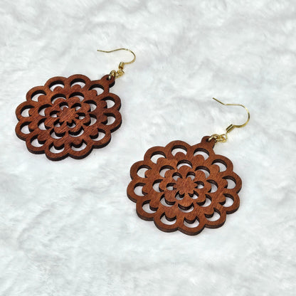 Handcrafted Lightweight Brown Wood Flower Shaped Drop Earrings