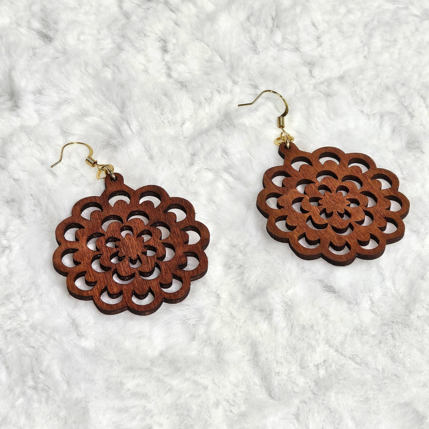 Handcrafted Lightweight Brown Wood Flower Shaped Drop Earrings