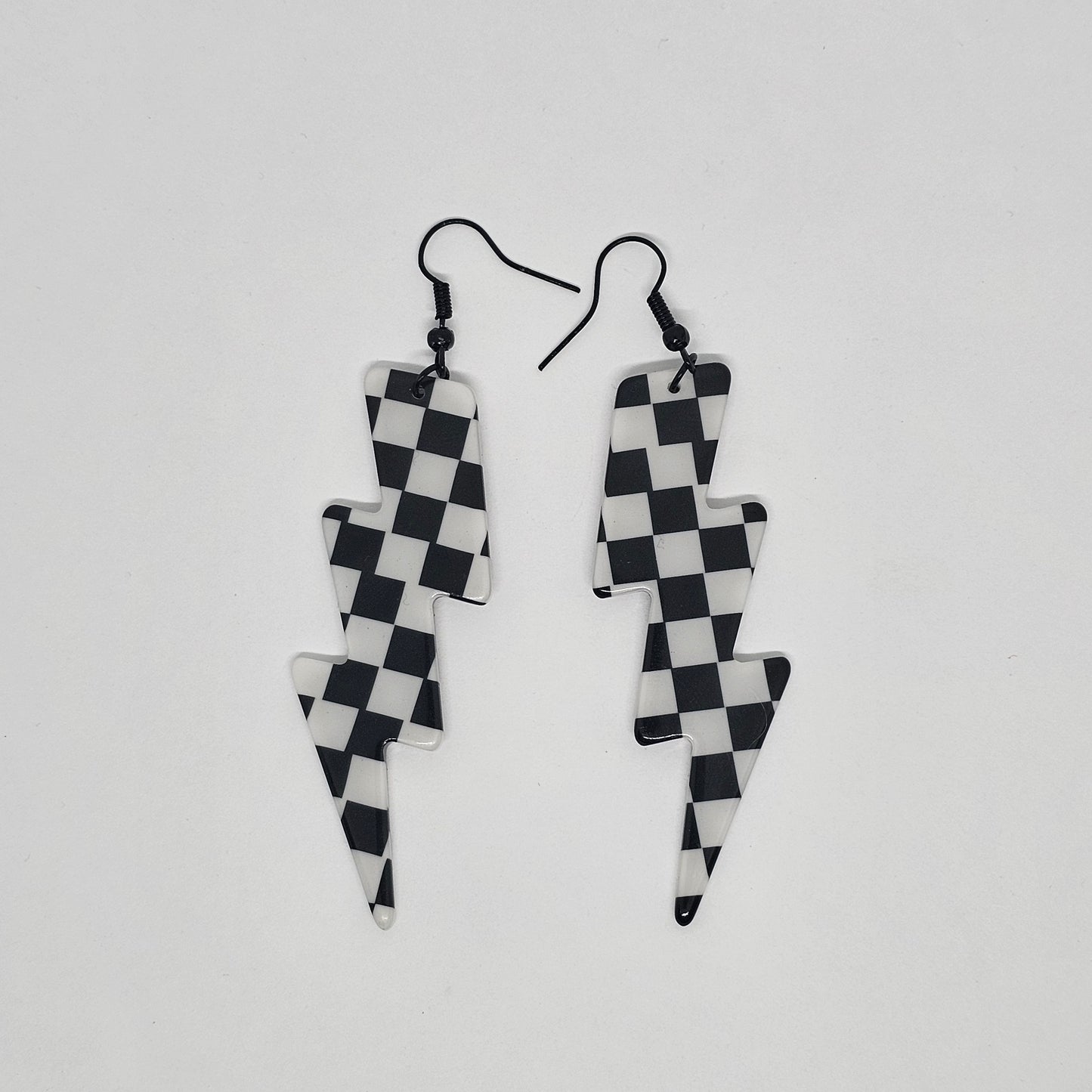 Black and White Checkered Lightning Bolt Dangle Earrings