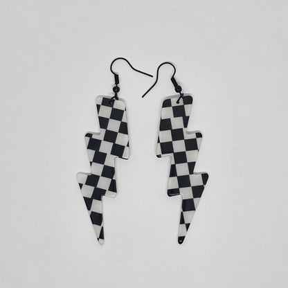 Black and White Checkered Lightning Bolt Dangle Earrings