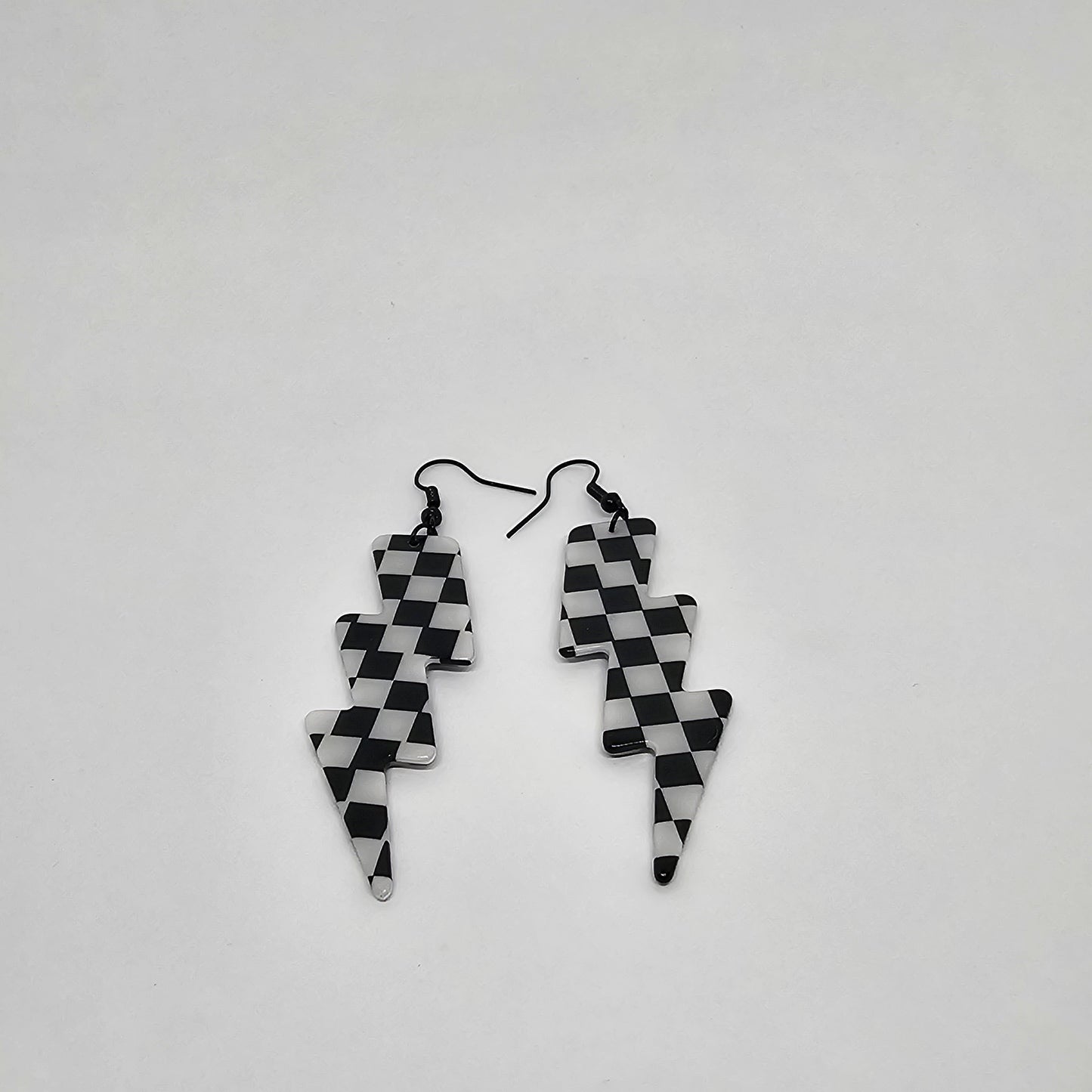 Black and White Checkered Lightning Bolt Dangle Earrings