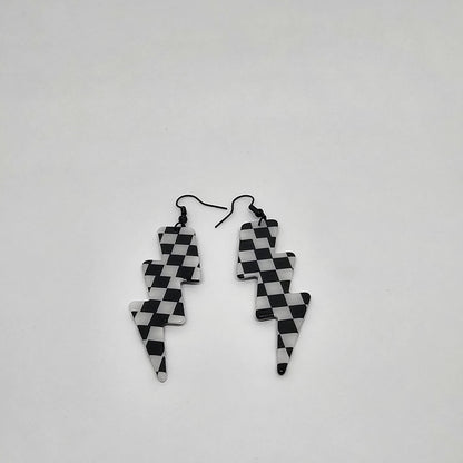 Black and White Checkered Lightning Bolt Dangle Earrings