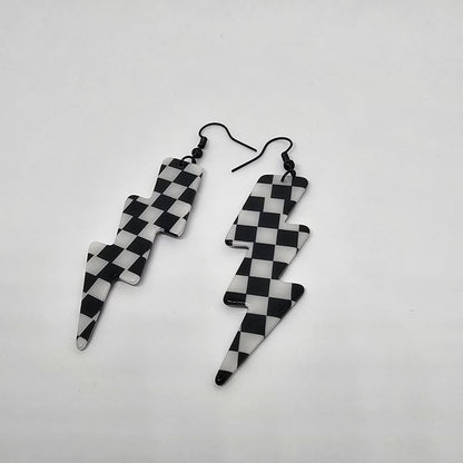 Black and White Checkered Lightning Bolt Dangle Earrings