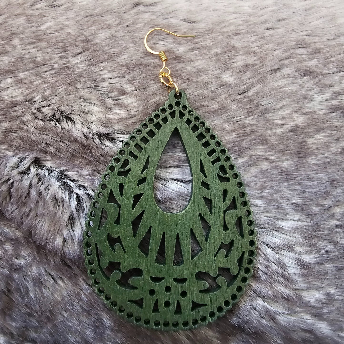 Lightweight Wooden Green Teardrop Drop Earrings