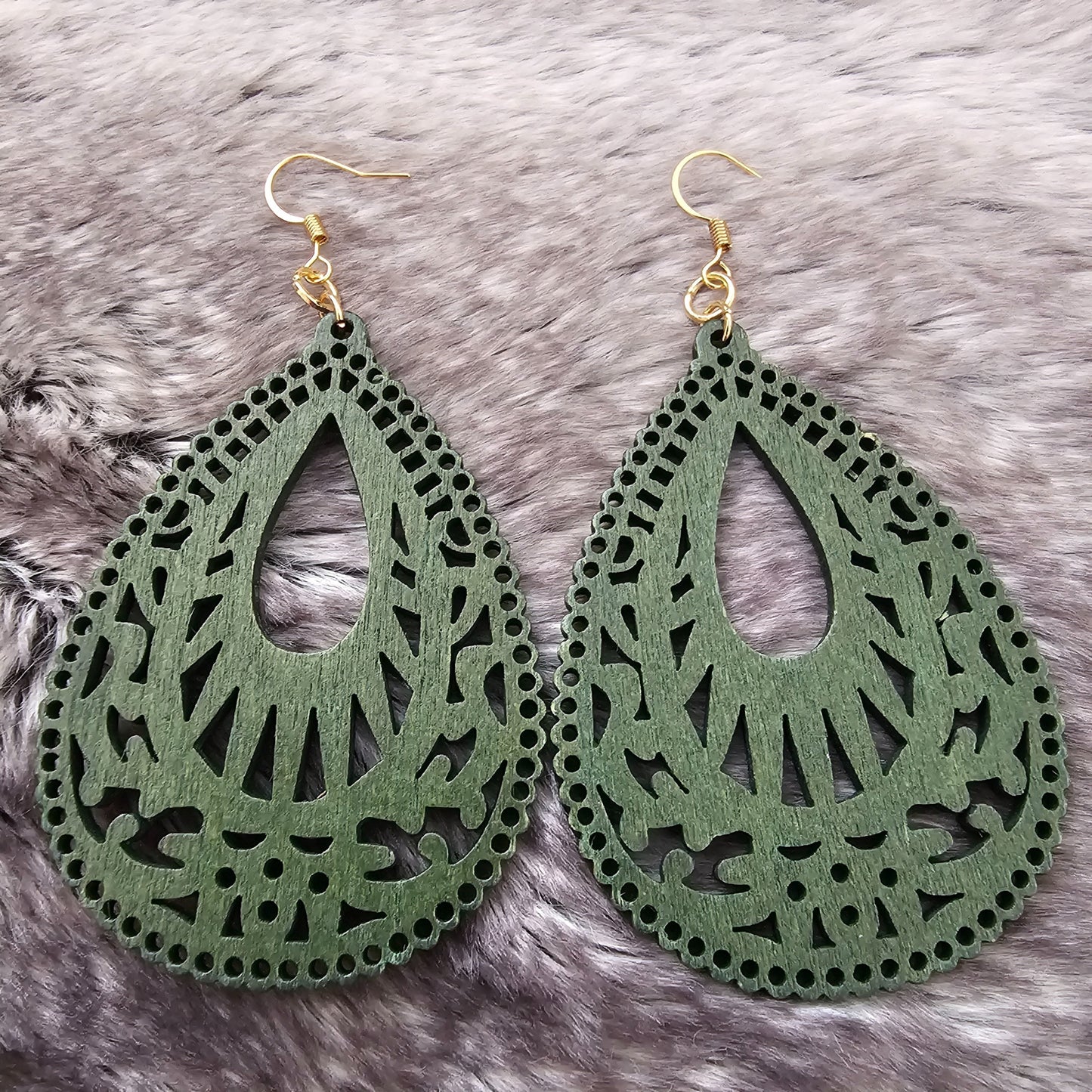 Lightweight Wooden Green Teardrop Drop Earrings