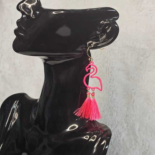 Flamingo Dangle Earrings, Hot Pink, Tassels