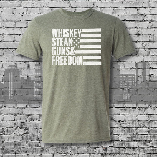 Whiskey and Freedom Flag Heather Military Green Graphic Tee