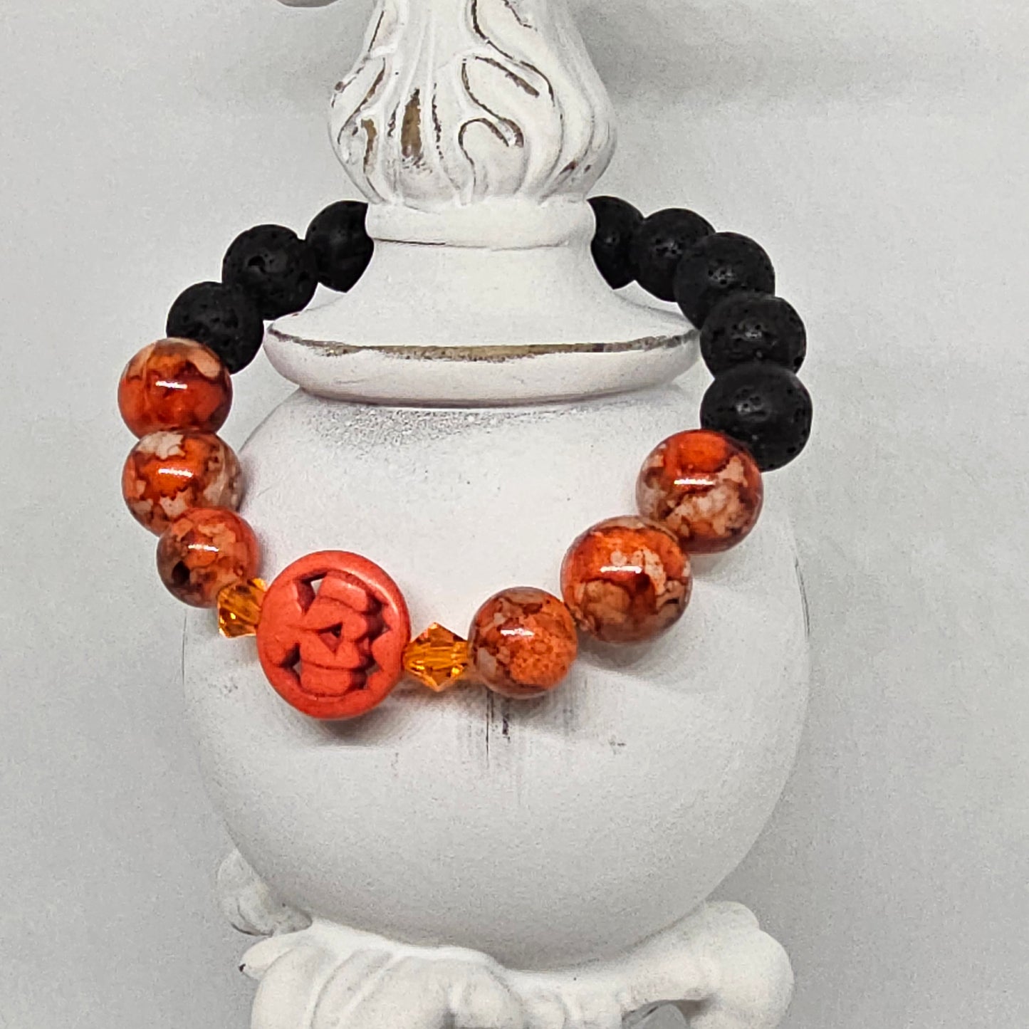 Orange Glass and Black Lava Rock Pumpkin Stretch Bracelet (10mm)