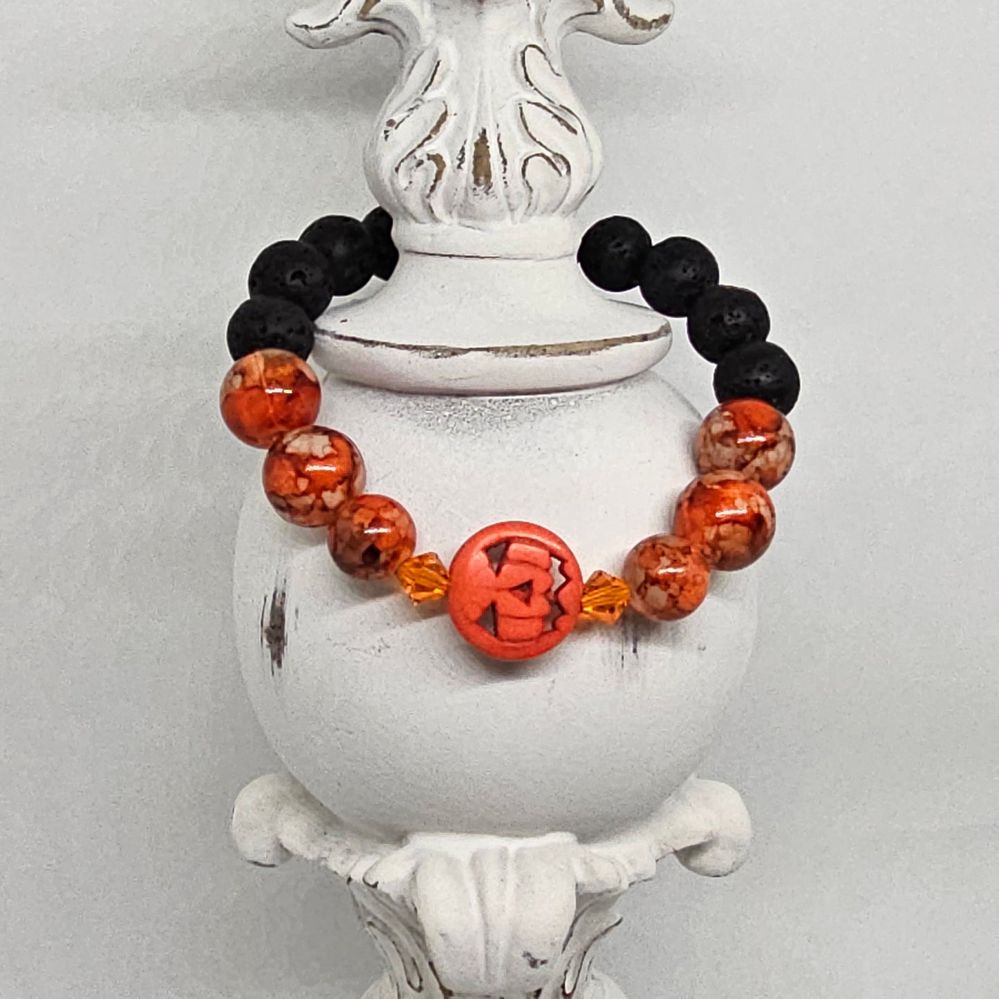 Orange Glass and Black Lava Rock Pumpkin Stretch Bracelet (10mm)