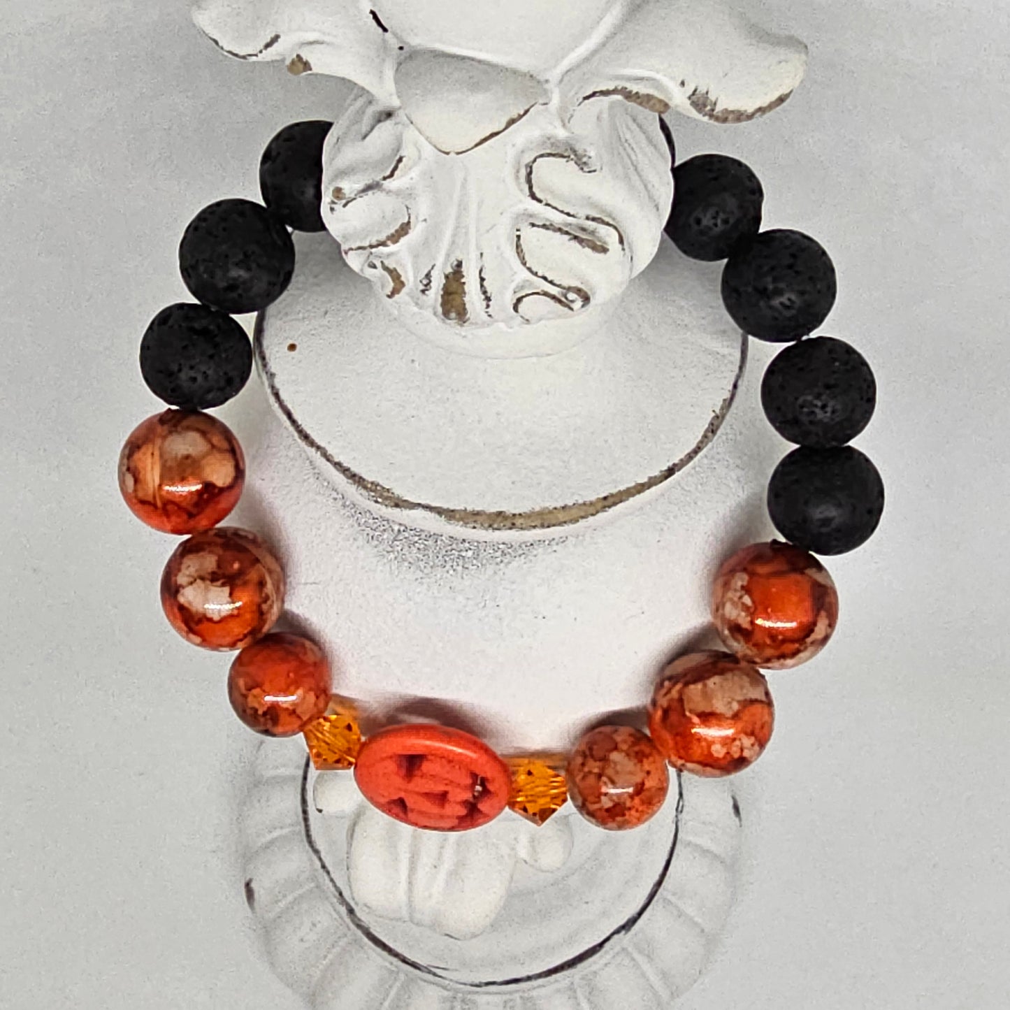 Orange Glass and Black Lava Rock Pumpkin Stretch Bracelet (10mm)