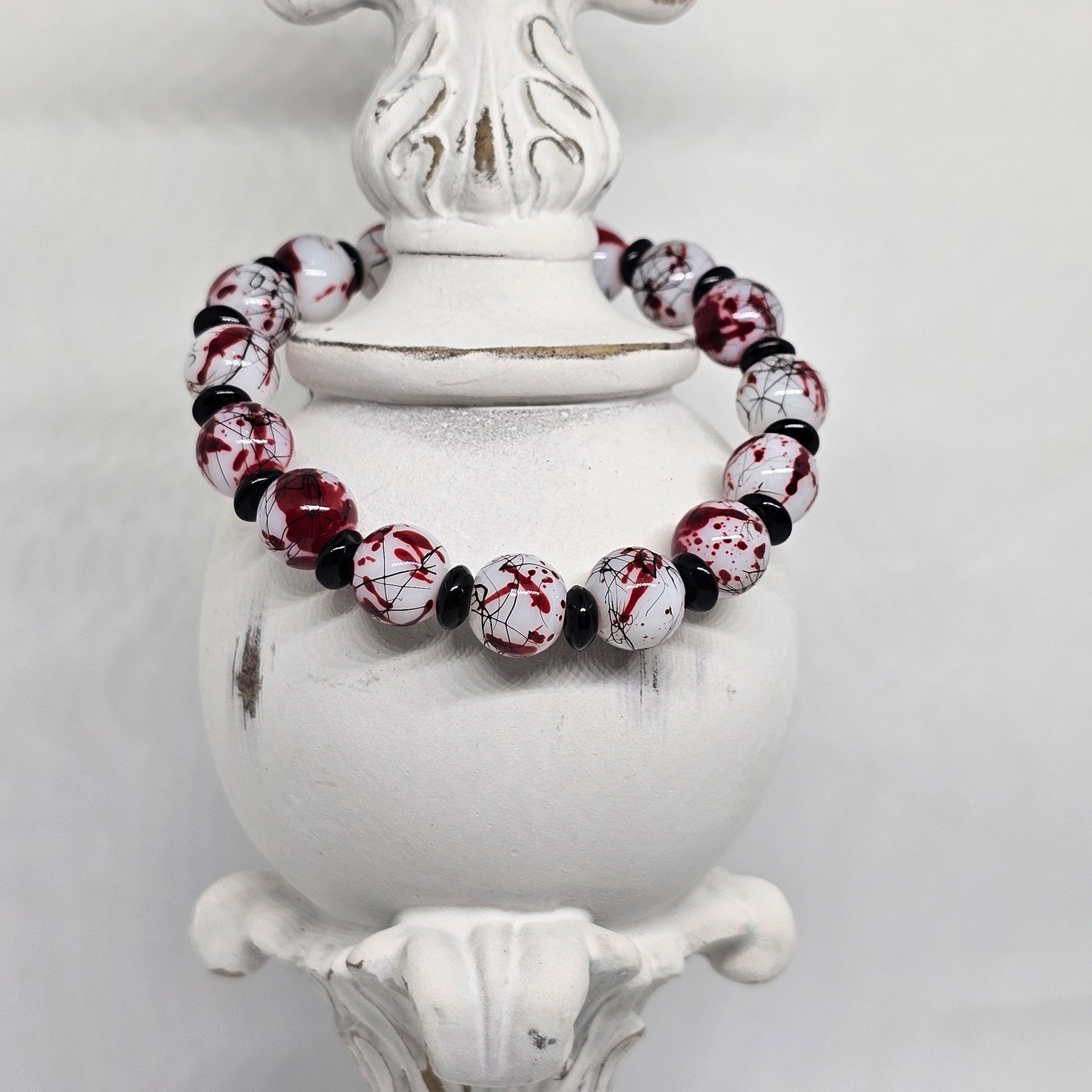 Red White and Black Marble Beaded Stretch Bracelet (10mm)