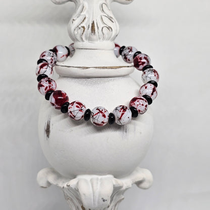 Red White and Black Marble Beaded Stretch Bracelet (10mm)