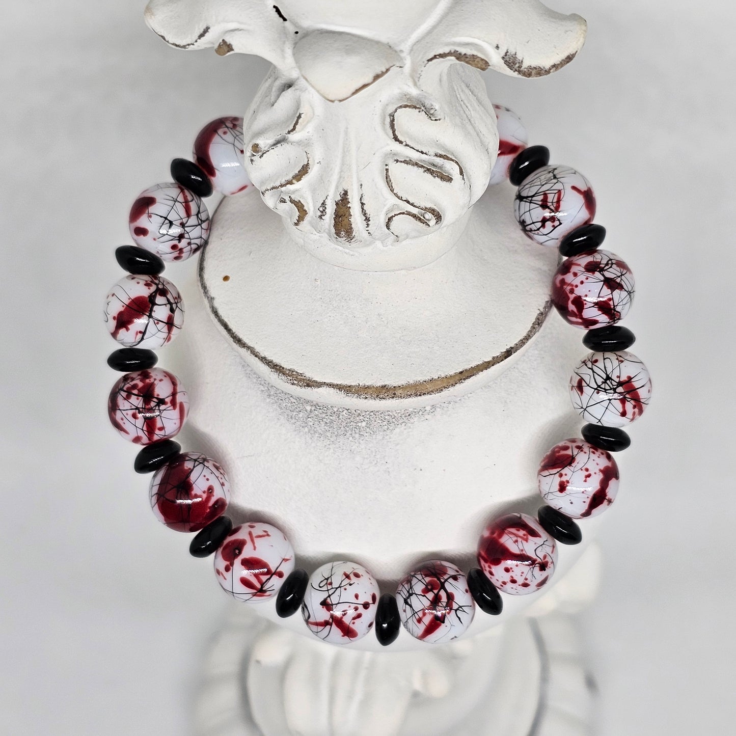 Red White and Black Marble Beaded Stretch Bracelet (10mm)