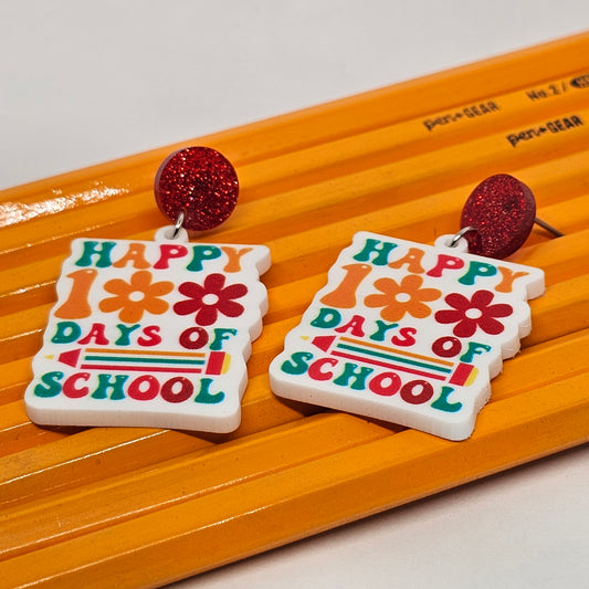 Teacher Happy 100 Days of School Drop Earrings | Back to School | Dangle Earrings | Acrylic | Chalkboard