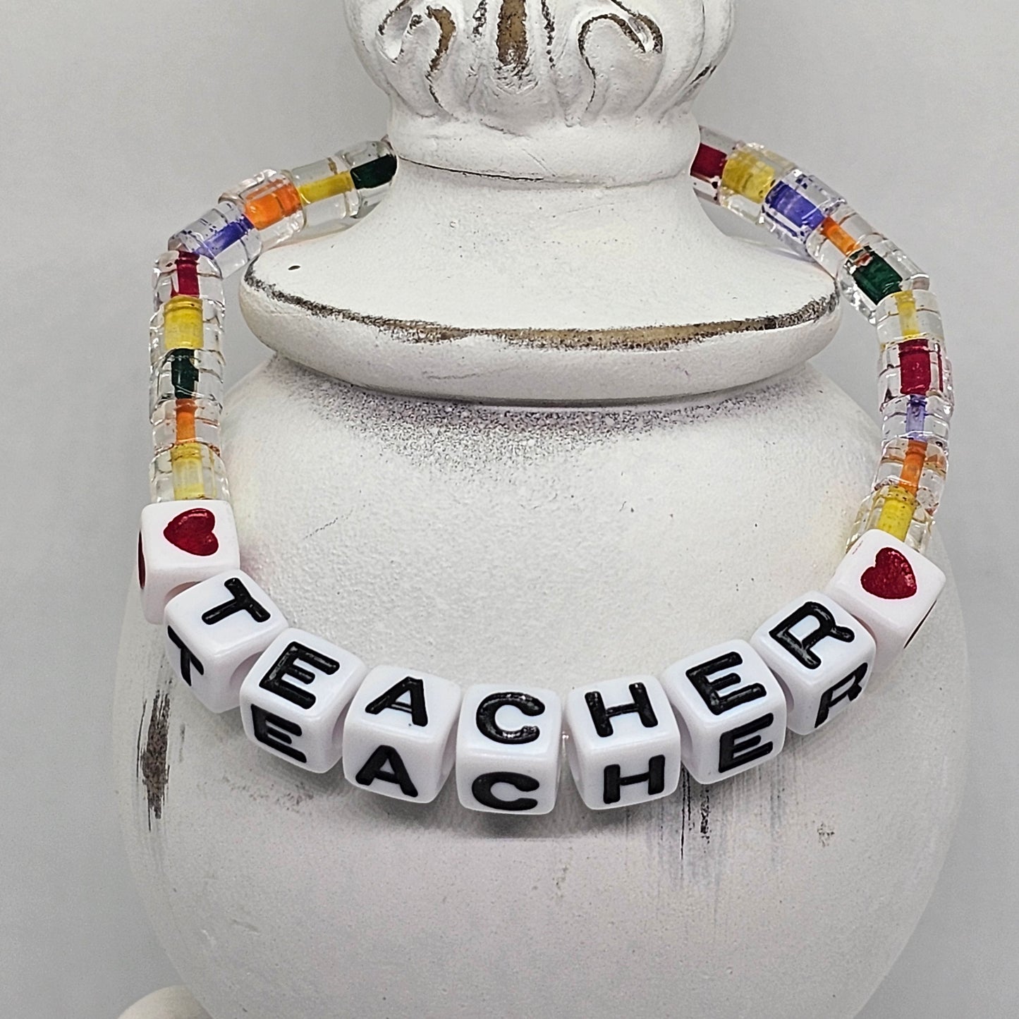 Teacher Plastic Bead Stretch Bracelet with Heart Accents | Jewelry | Handmade | Back to School | Heart | Teacher