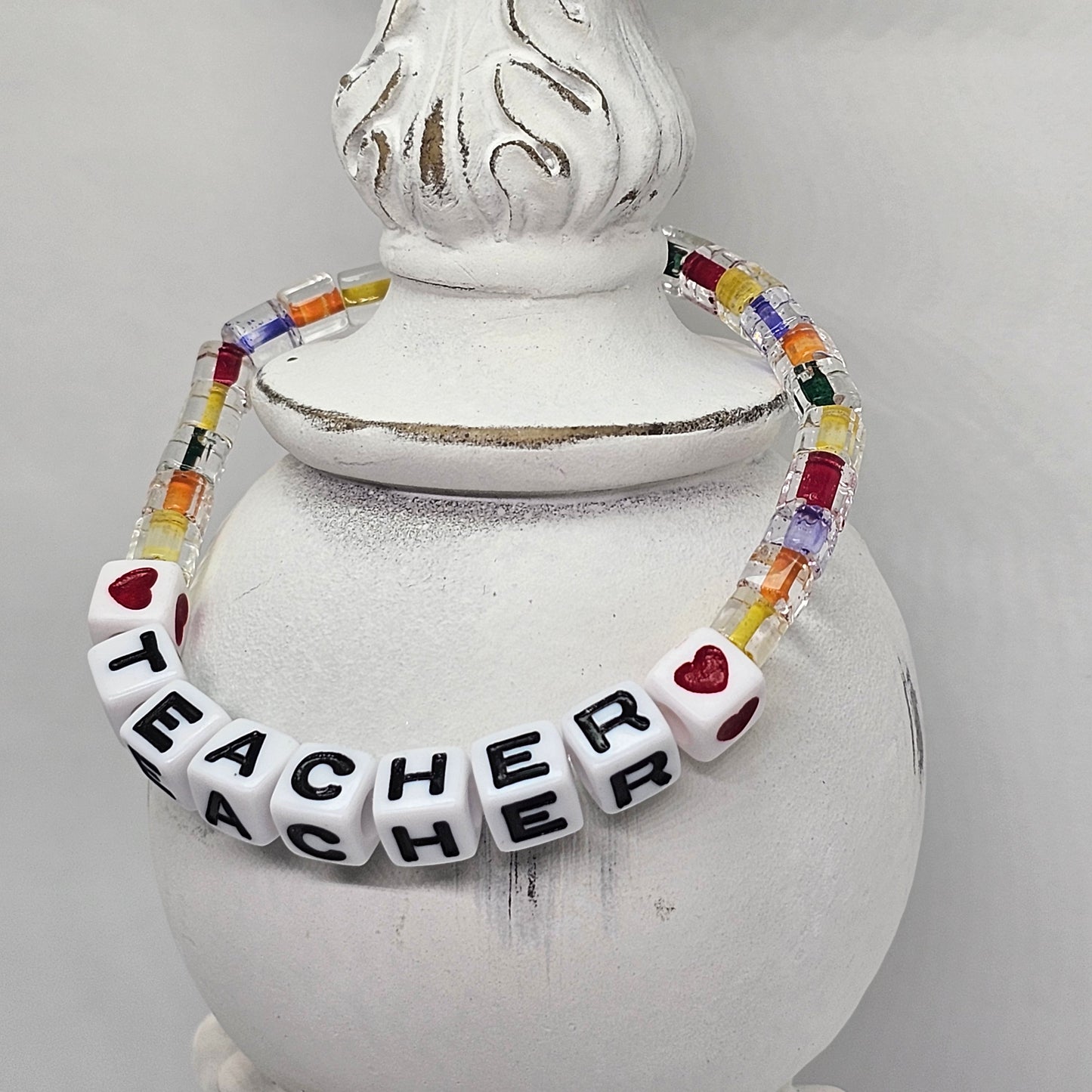 Teacher Plastic Bead Stretch Bracelet with Heart Accents | Jewelry | Handmade | Back to School | Heart | Teacher