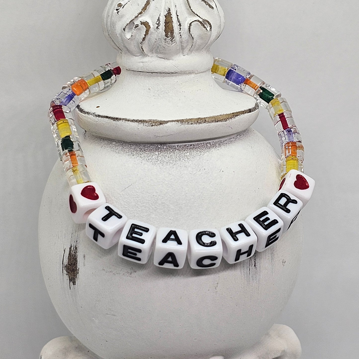 Teacher Plastic Bead Stretch Bracelet with Heart Accents | Jewelry | Handmade | Back to School | Heart | Teacher