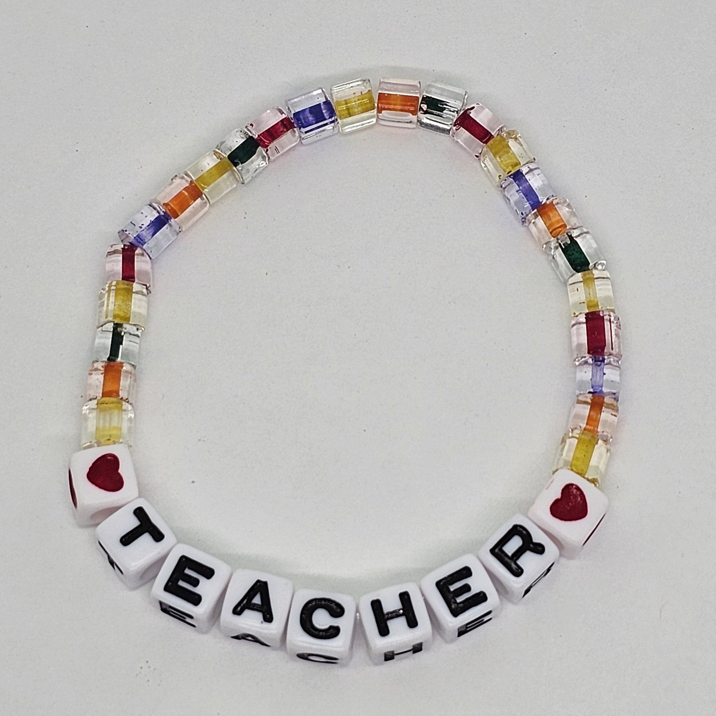 Teacher Plastic Bead Stretch Bracelet with Heart Accents | Jewelry | Handmade | Back to School | Heart | Teacher