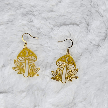 Golden Mushroom Stainless Steel Dangle Earrings