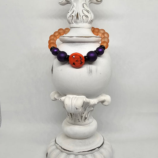 Purple Orange and Black Beaded Pumpkin Stretch Bracelet (10mm)