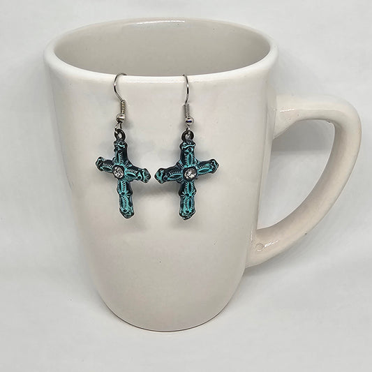 Turquoise Cross Earrings | Religion | Antique | Vintage | Dangle Earrings | Metal