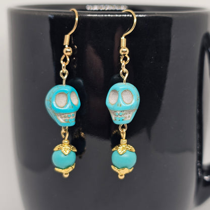 Turquoise Skull Dangle Earrings | Dangle Earrings | Metal | Stone