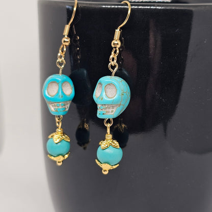 Turquoise Skull Dangle Earrings | Dangle Earrings | Metal | Stone