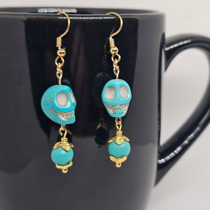 Turquoise Skull Dangle Earrings | Dangle Earrings | Metal | Stone