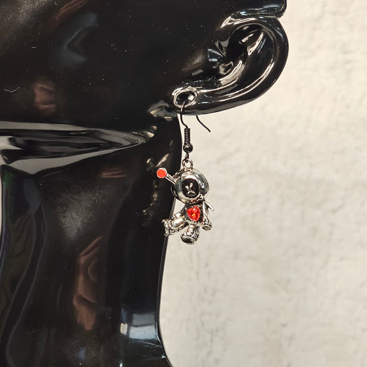 Voodoo Doll Silver Colored Dangle Earrings