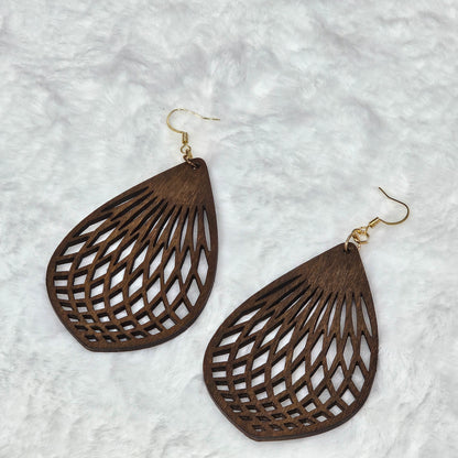 Lightweight Brown Wood Droplet Shaped Drop Earrings