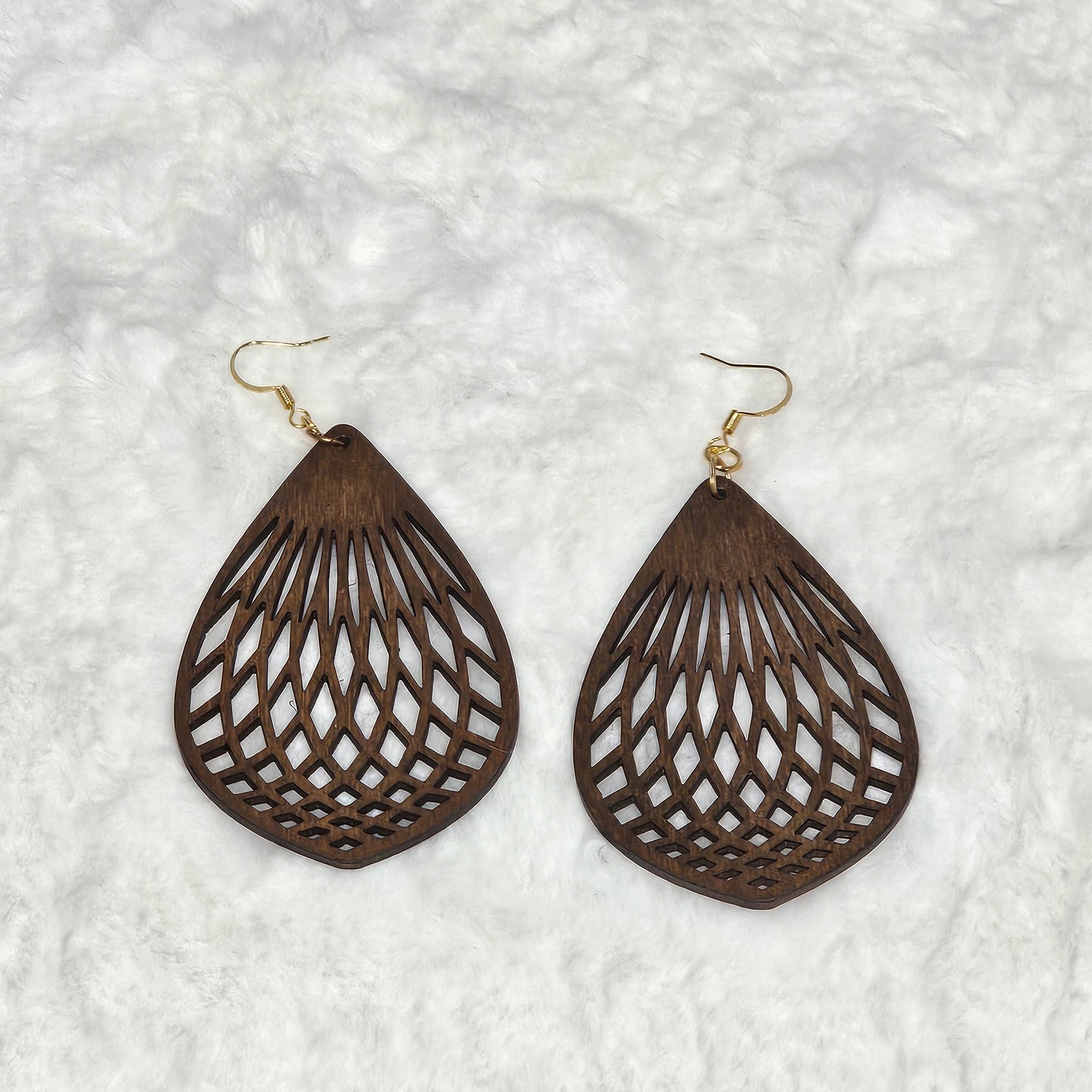 Lightweight Brown Wood Droplet Shaped Drop Earrings