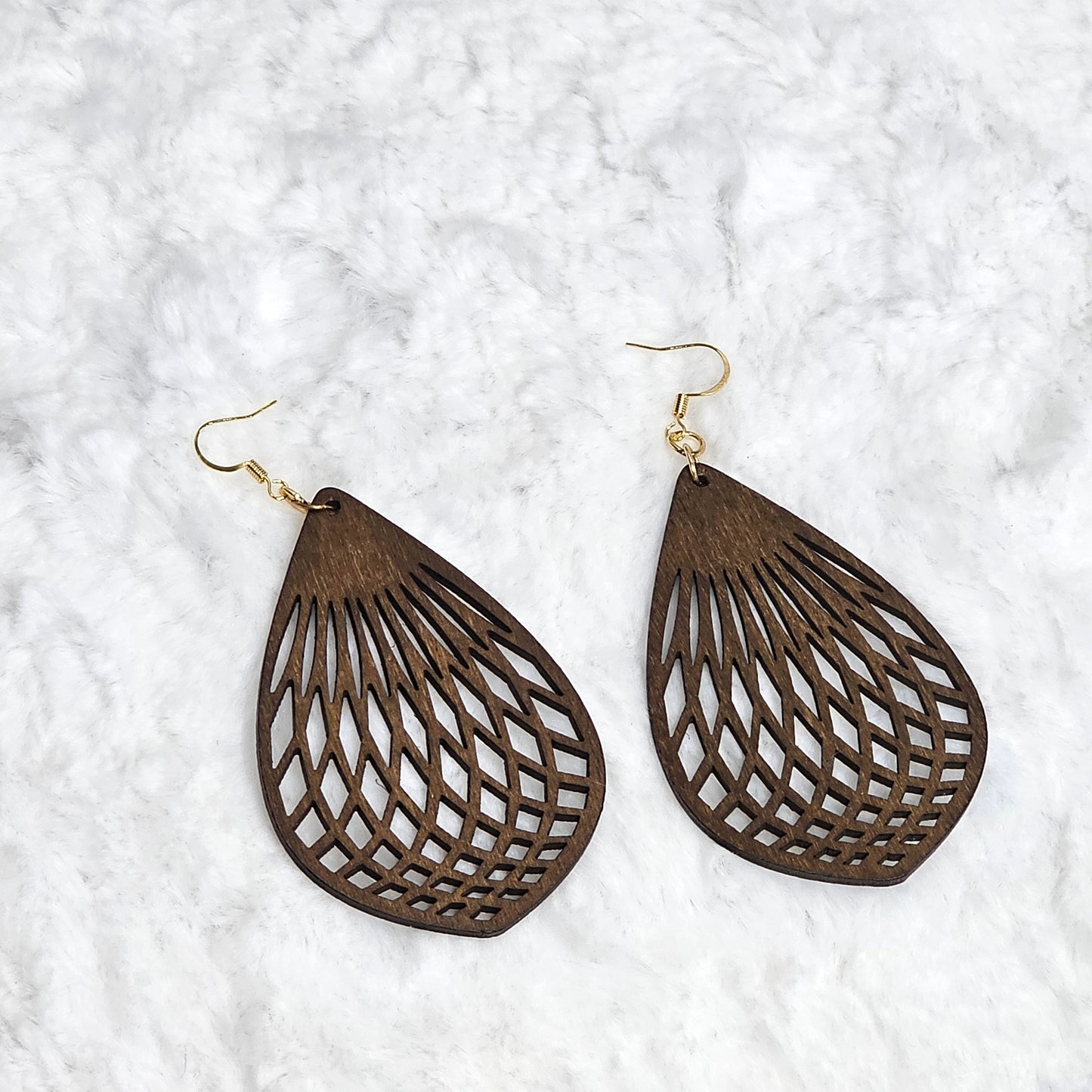 Lightweight Brown Wood Droplet Shaped Drop Earrings