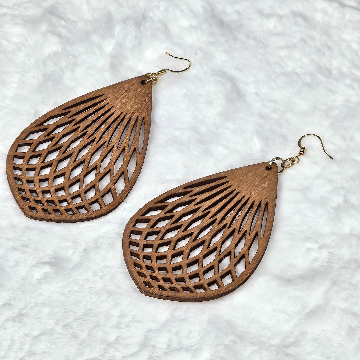 Lightweight Brown Wood Droplet Shaped Drop Earrings