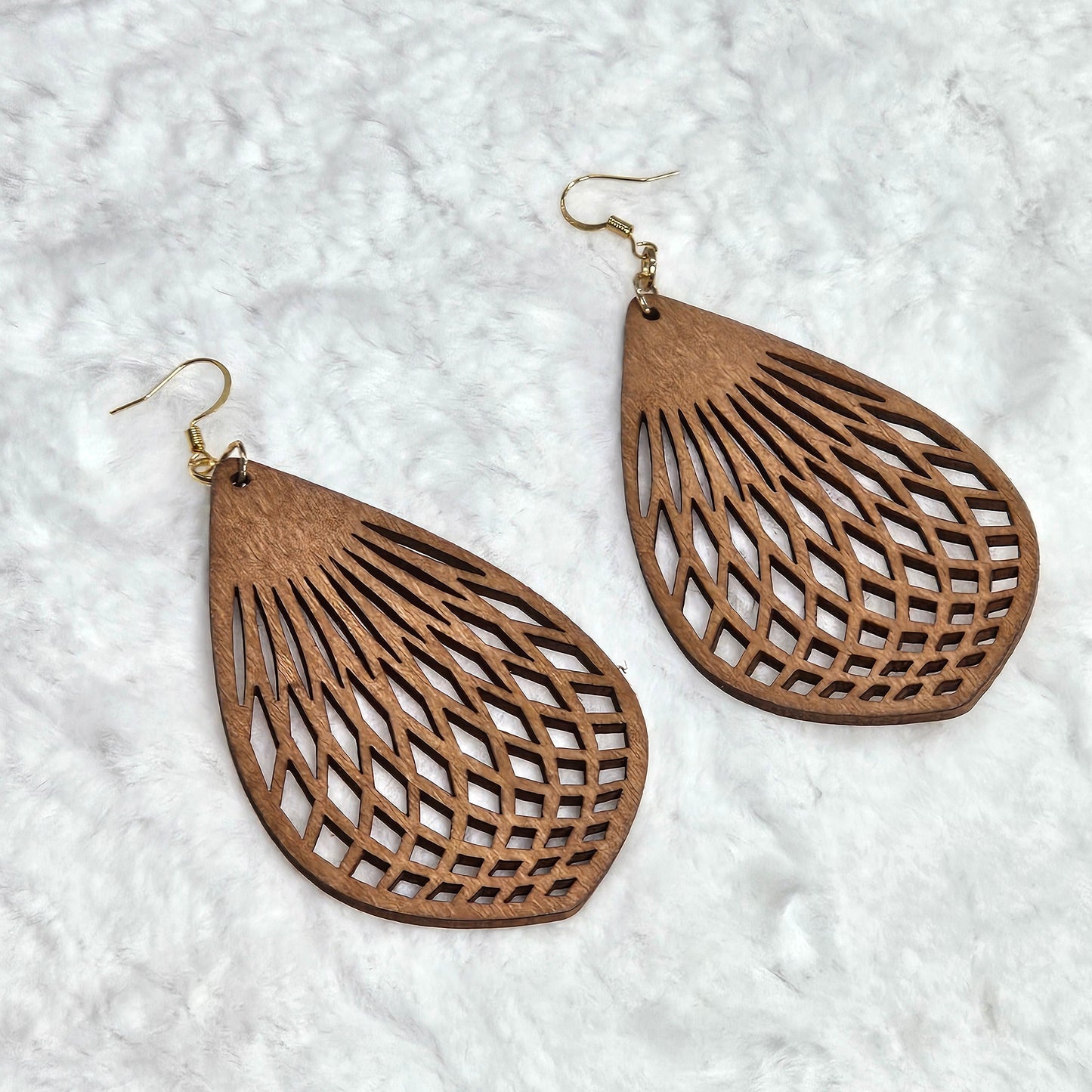 Lightweight Brown Wood Droplet Shaped Drop Earrings