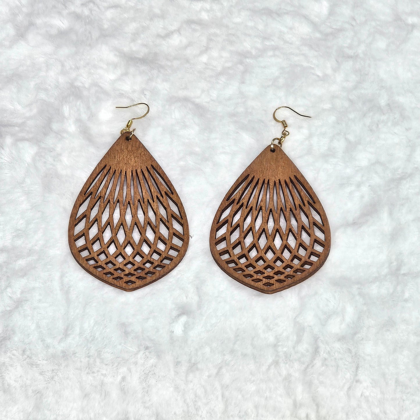 Lightweight Brown Wood Droplet Shaped Drop Earrings