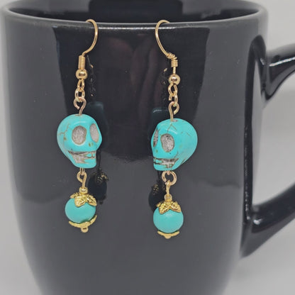 Turquoise Skull Dangle Earrings | Dangle Earrings | Metal | Stone