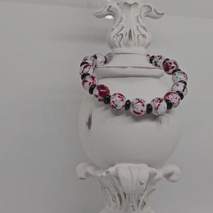 Red White and Black Marble Beaded Stretch Bracelet (10mm)